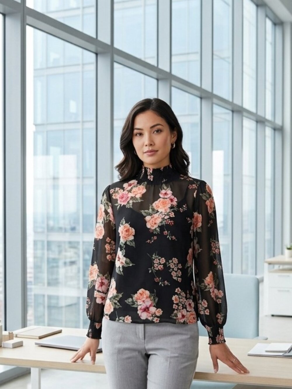 🖤🌺Black Sheer Floral Mock-Neck Blouse with Peach Roses Sz Med